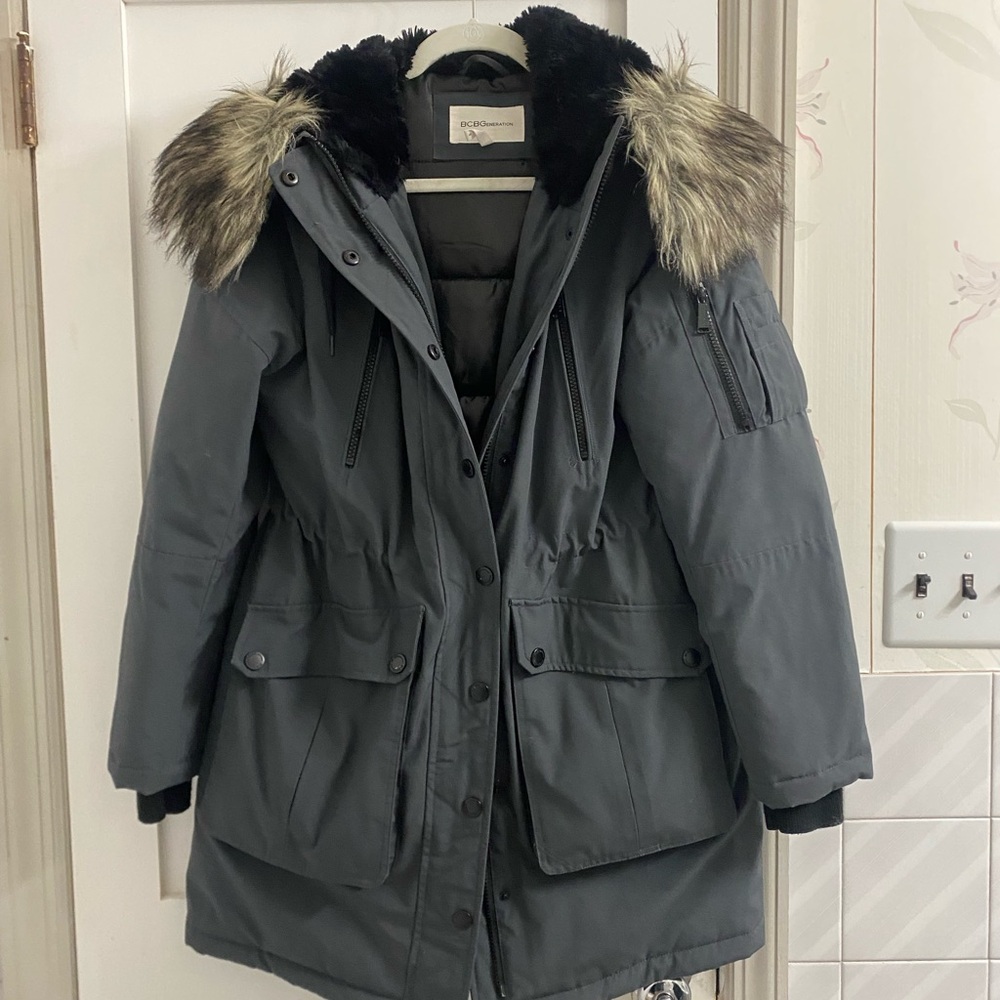 BCBGeneration Gray Parka with Faux Fur Trim